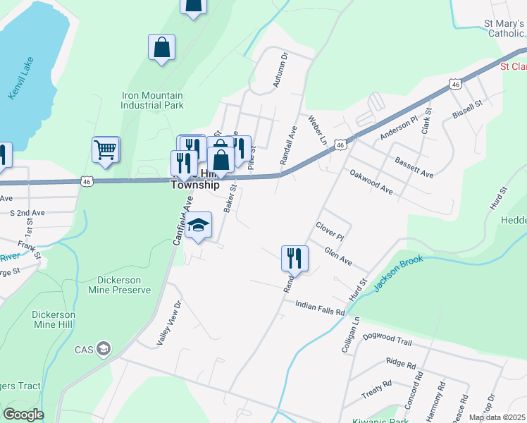 map of restaurants, bars, coffee shops, grocery stores, and more near 1 Bassett Avenue in Mine Hill Township