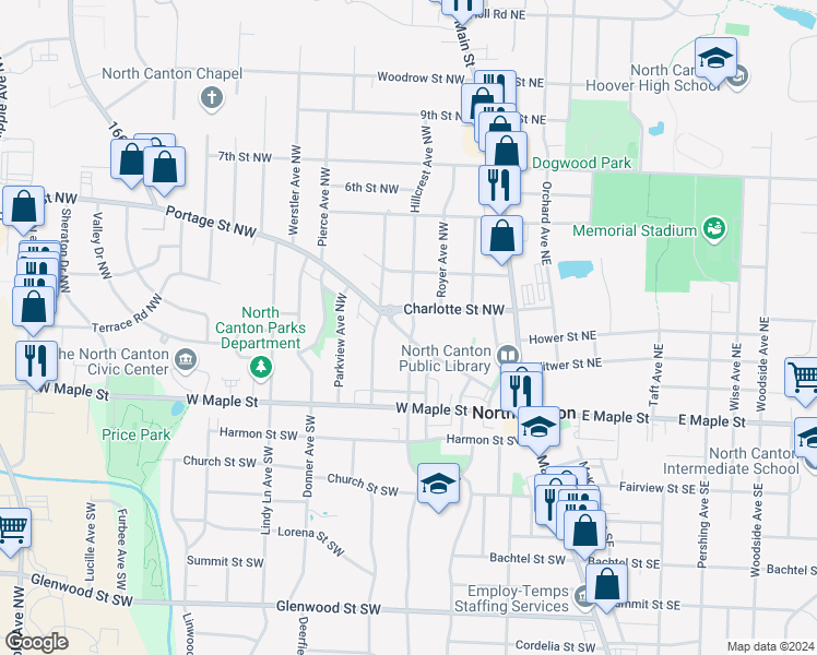 map of restaurants, bars, coffee shops, grocery stores, and more near 415 Portage Street Northwest in North Canton