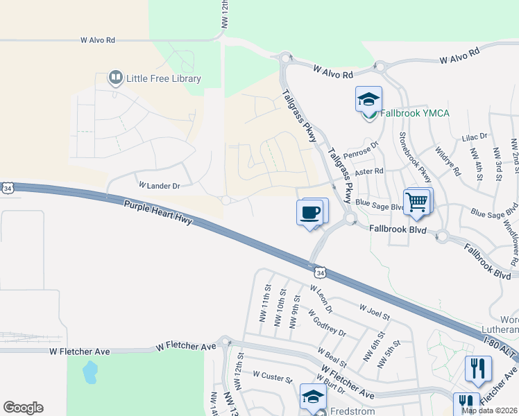 map of restaurants, bars, coffee shops, grocery stores, and more near 4450-5458 Purple Heart Highway in Lincoln