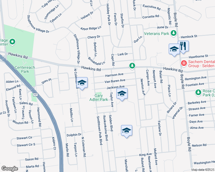 map of restaurants, bars, coffee shops, grocery stores, and more near 12 Jackson Avenue in Centereach