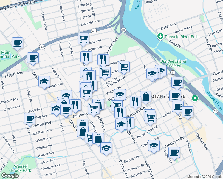 map of restaurants, bars, coffee shops, grocery stores, and more near 165 Knapp Avenue in Clifton