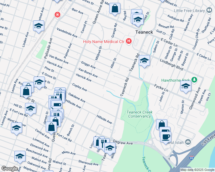map of restaurants, bars, coffee shops, grocery stores, and more near 46 Herrick Avenue in Teaneck