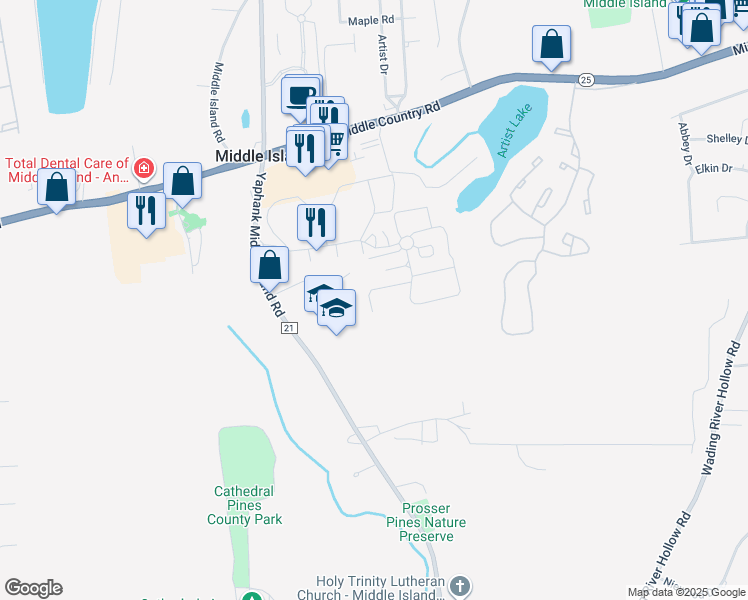 map of restaurants, bars, coffee shops, grocery stores, and more near 206 Artist Lake Drive in Middle Island