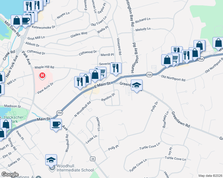 map of restaurants, bars, coffee shops, grocery stores, and more near 14 Jarvis Court in Huntington