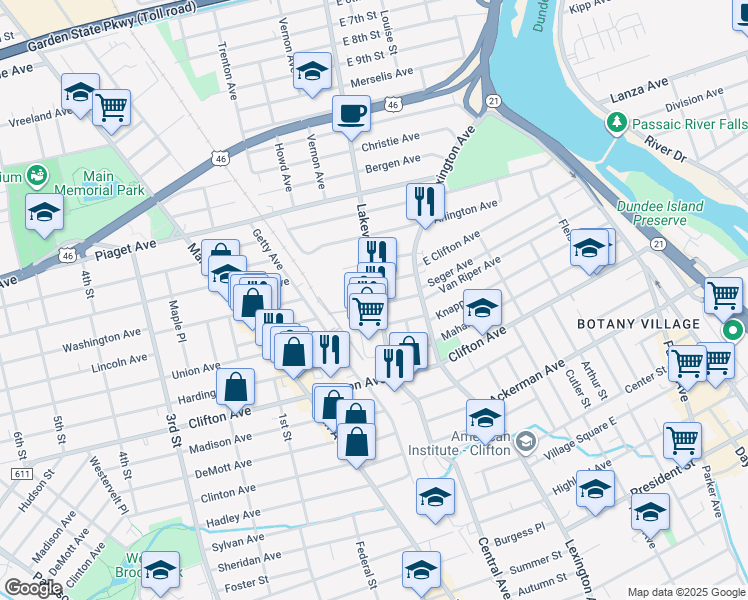 map of restaurants, bars, coffee shops, grocery stores, and more near 90 Lakeview Avenue in Clifton