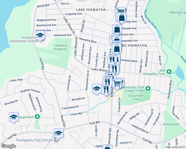 map of restaurants, bars, coffee shops, grocery stores, and more near 24 Roosevelt Avenue in Parsippany-Troy Hills