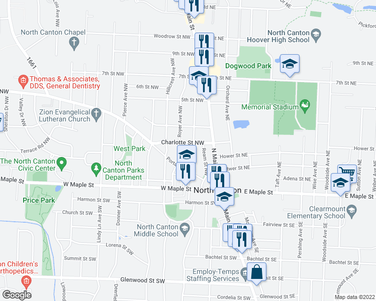 map of restaurants, bars, coffee shops, grocery stores, and more near 185 Ream Street Northwest in North Canton