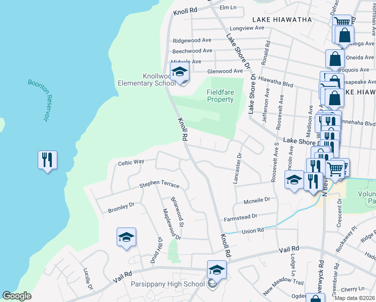 map of restaurants, bars, coffee shops, grocery stores, and more near 249 Knoll Road in Boonton