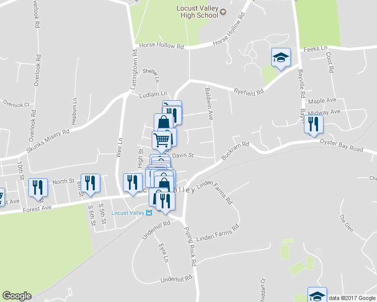 map of restaurants, bars, coffee shops, grocery stores, and more near 68 Davis Street in Locust Valley
