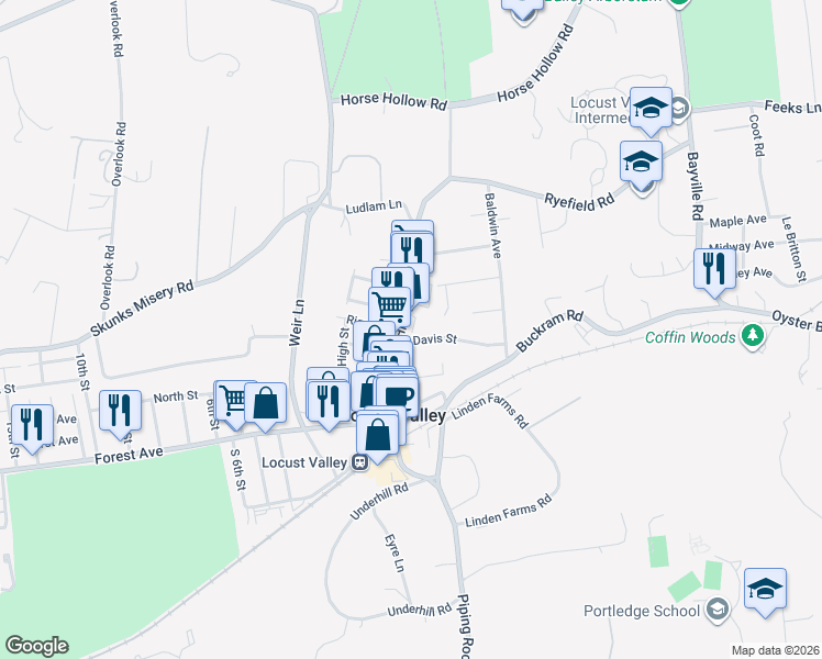 map of restaurants, bars, coffee shops, grocery stores, and more near 30 Davis Street in Locust Valley