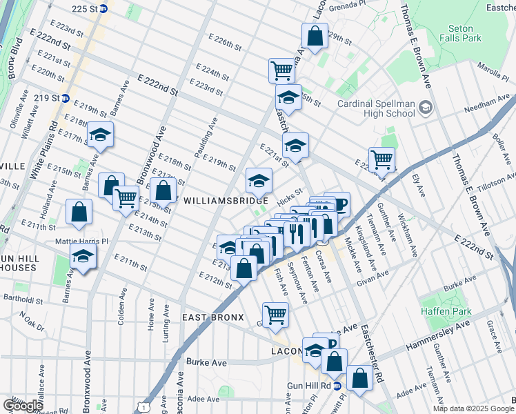 map of restaurants, bars, coffee shops, grocery stores, and more near 1400 Needham Avenue in Bronx