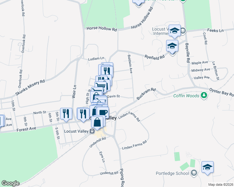 map of restaurants, bars, coffee shops, grocery stores, and more near 68 Davis Street in Locust Valley