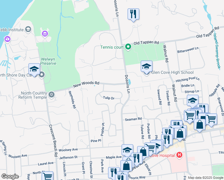 map of restaurants, bars, coffee shops, grocery stores, and more near 11 Hemlock Lane in Glen Cove