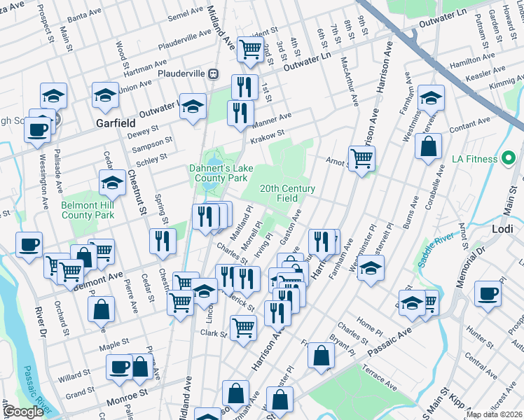 map of restaurants, bars, coffee shops, grocery stores, and more near 101 Morrell Place in Garfield