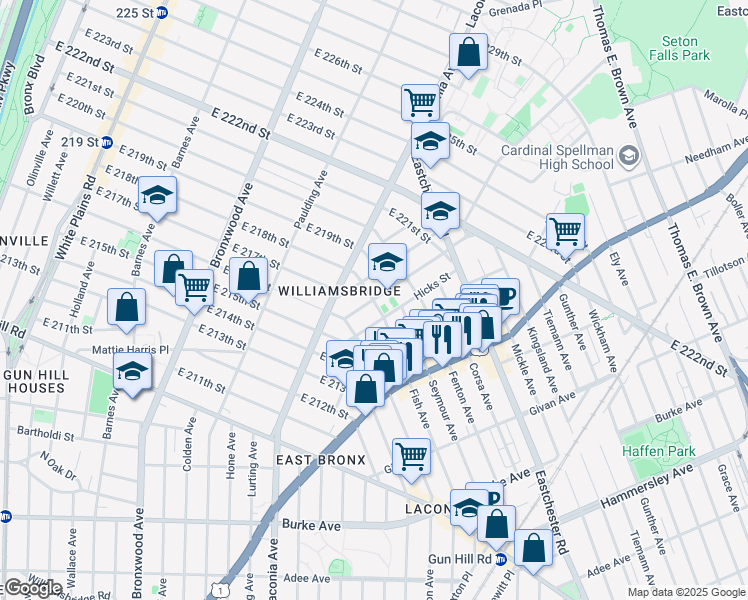 map of restaurants, bars, coffee shops, grocery stores, and more near 1400 Needham Avenue in Bronx