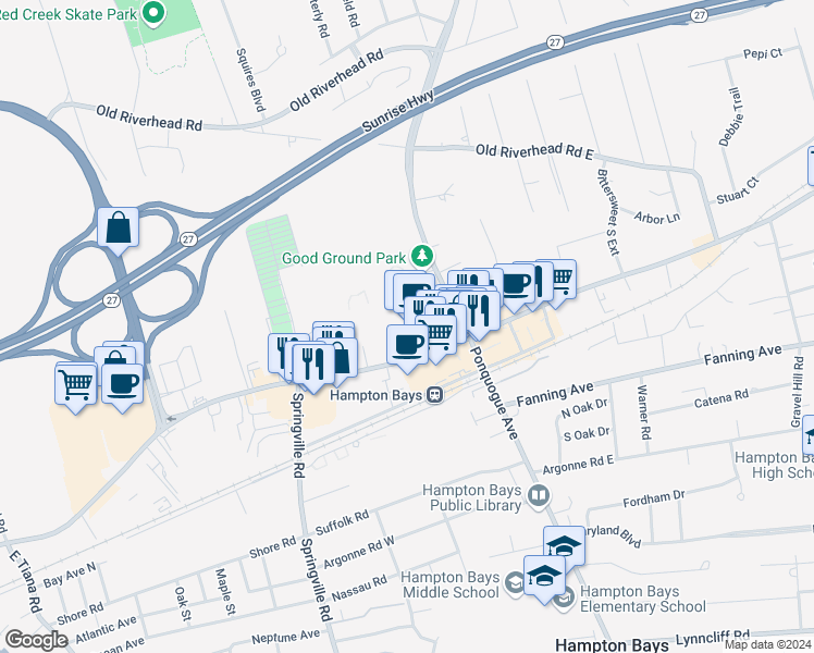 map of restaurants, bars, coffee shops, grocery stores, and more near 40 West Montauk Highway in Hampton Bays