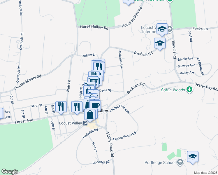 map of restaurants, bars, coffee shops, grocery stores, and more near 68 Davis Street in Locust Valley