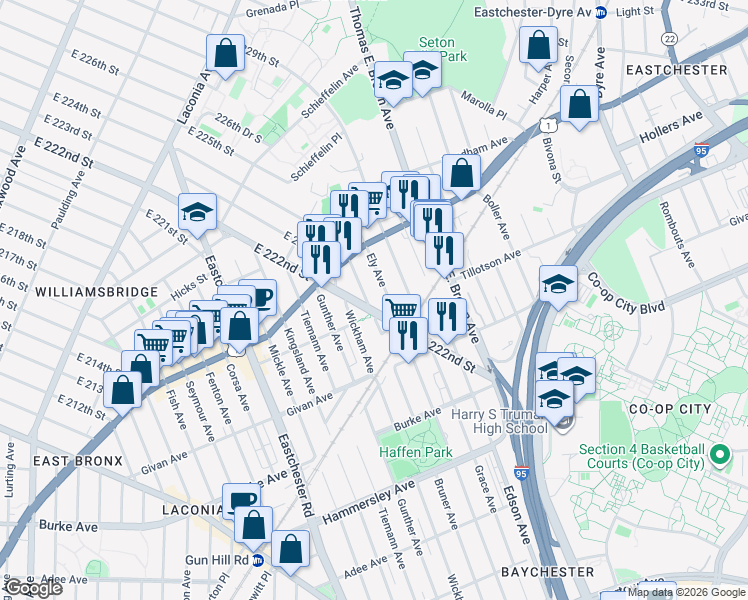 map of restaurants, bars, coffee shops, grocery stores, and more near 1375 East 222nd Street in Bronx