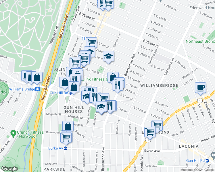 map of restaurants, bars, coffee shops, grocery stores, and more near 3537 Barnes Avenue in The Bronx