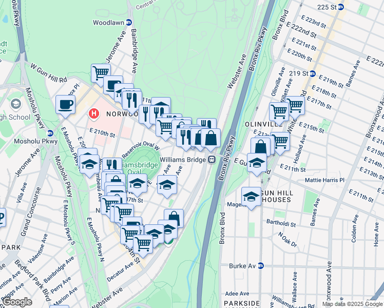 map of restaurants, bars, coffee shops, grocery stores, and more near 3346 Hull Avenue in Bronx