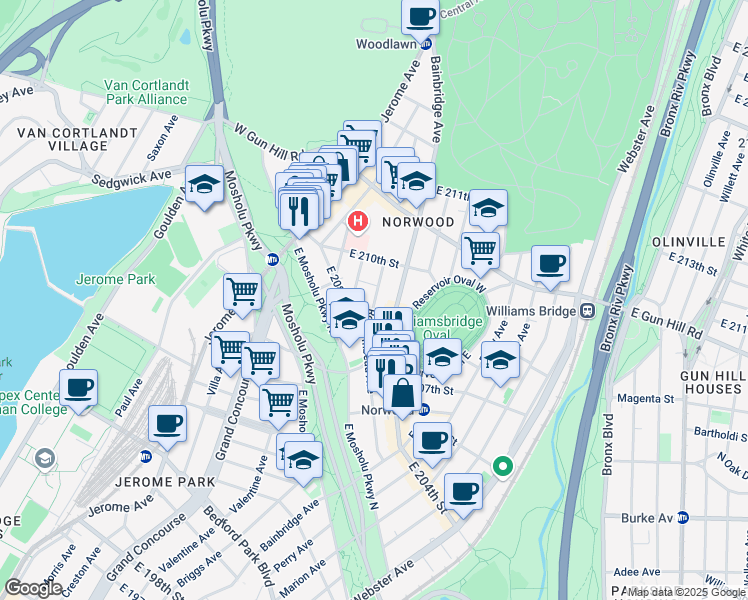 map of restaurants, bars, coffee shops, grocery stores, and more near 106 East 208th Street in Bronx