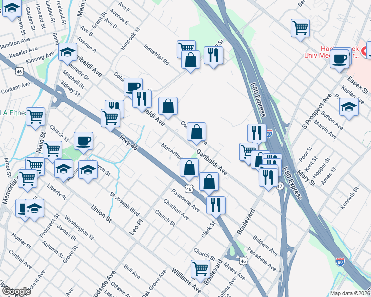 map of restaurants, bars, coffee shops, grocery stores, and more near Garibaldi Avenue in Lodi