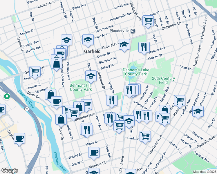 map of restaurants, bars, coffee shops, grocery stores, and more near 53 Spring Street in Garfield
