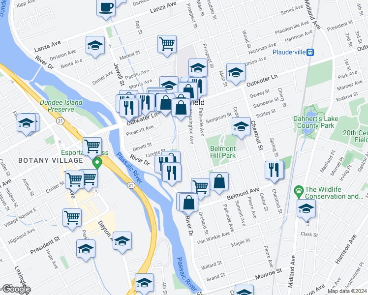 map of restaurants, bars, coffee shops, grocery stores, and more near 158 Orchard Street in Garfield