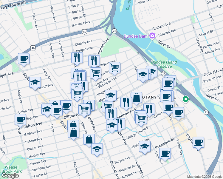 map of restaurants, bars, coffee shops, grocery stores, and more near 137 Mahar Avenue in Clifton