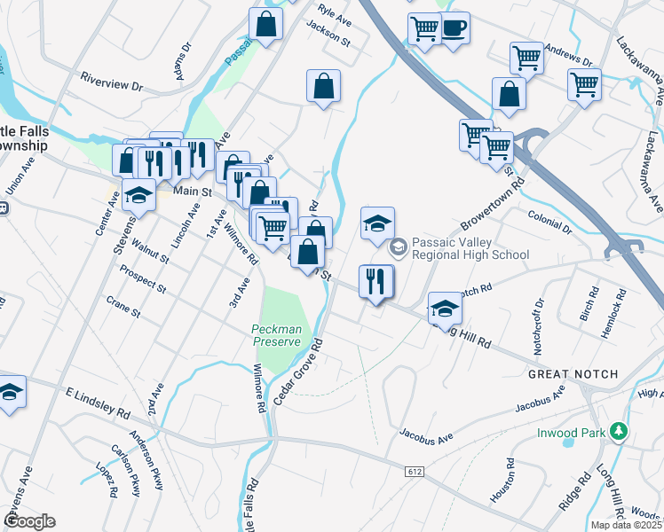 map of restaurants, bars, coffee shops, grocery stores, and more near 101 East Main Street in Little Falls