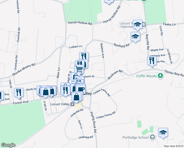 map of restaurants, bars, coffee shops, grocery stores, and more near 55 Davis Street in Locust Valley