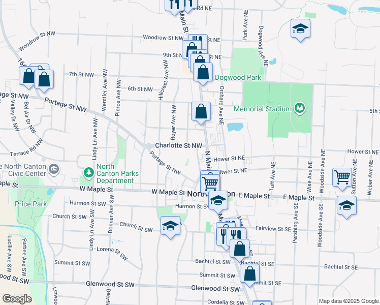 map of restaurants, bars, coffee shops, grocery stores, and more near 200 Charlotte Street Northwest in North Canton