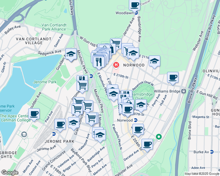 map of restaurants, bars, coffee shops, grocery stores, and more near 88 East 208th Street in The Bronx