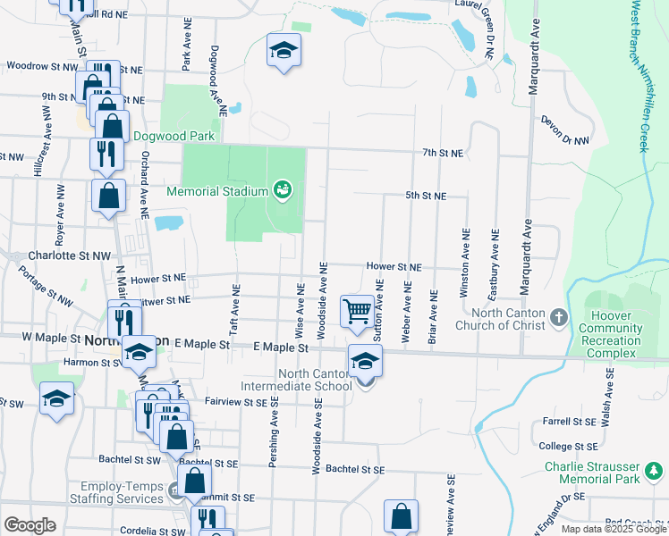 map of restaurants, bars, coffee shops, grocery stores, and more near 808 Hower Street Northeast in North Canton