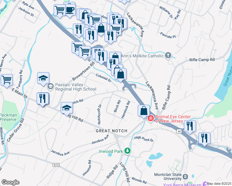 map of restaurants, bars, coffee shops, grocery stores, and more near 1 Birch Road in Little Falls
