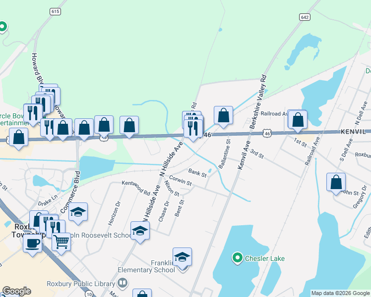 map of restaurants, bars, coffee shops, grocery stores, and more near 19 High Street in Roxbury Township