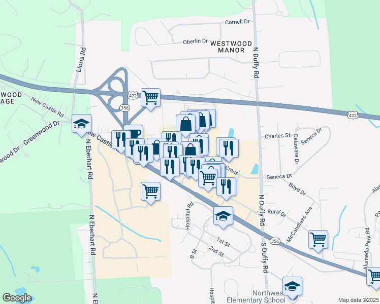 map of restaurants, bars, coffee shops, grocery stores, and more near 750 Butler Crossing in Butler
