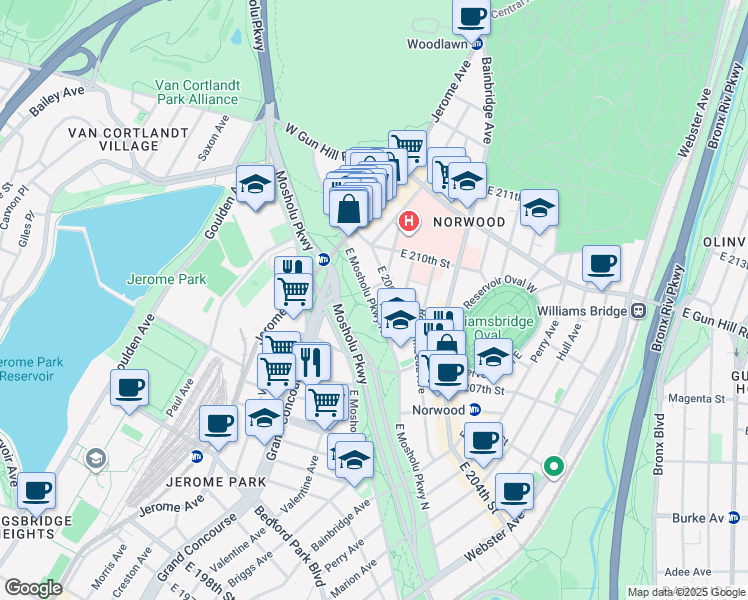 map of restaurants, bars, coffee shops, grocery stores, and more near 88 East 208th Street in Bronx