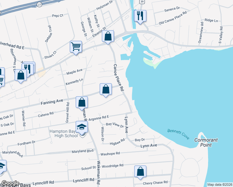 map of restaurants, bars, coffee shops, grocery stores, and more near 5 Carter Road in Hampton Bays