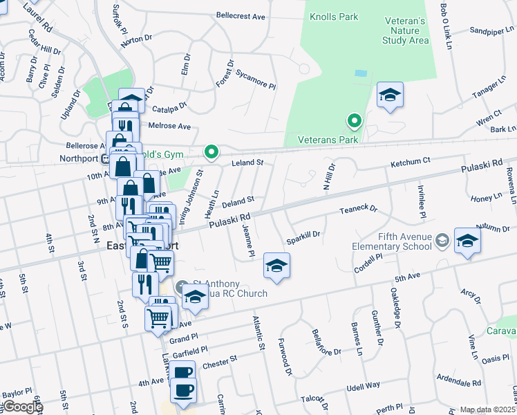 map of restaurants, bars, coffee shops, grocery stores, and more near 1072 Pulaski Road in East Northport