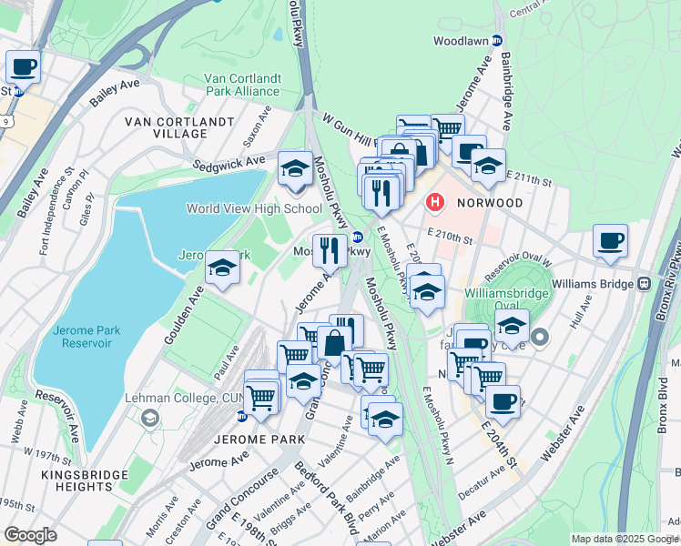 map of restaurants, bars, coffee shops, grocery stores, and more near Mosholu Parkway South in Bronx