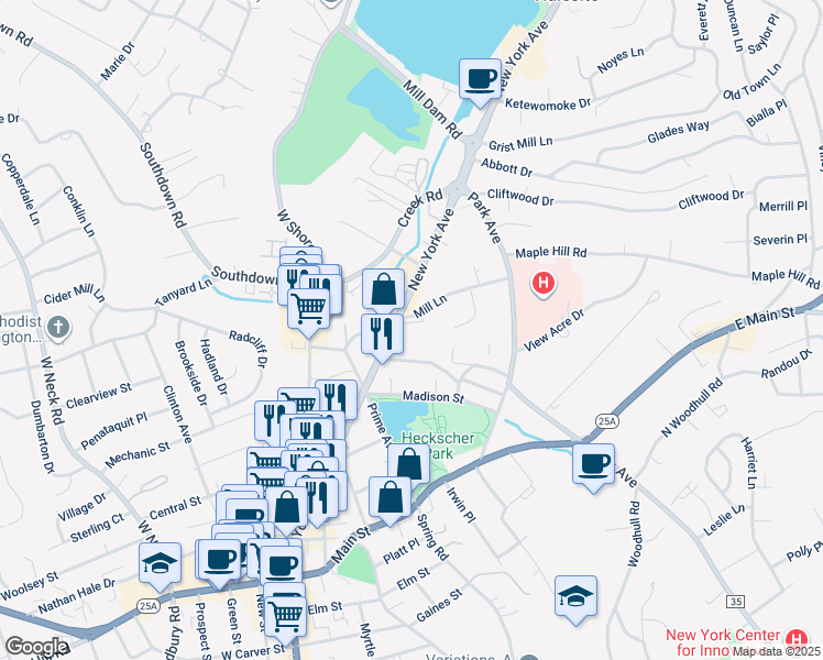 map of restaurants, bars, coffee shops, grocery stores, and more near 152 New York Avenue in Huntington