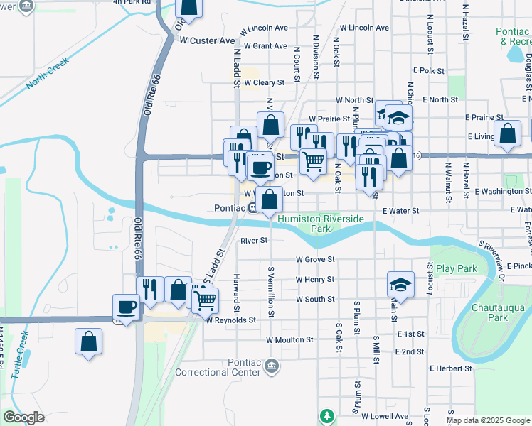 map of restaurants, bars, coffee shops, grocery stores, and more near 711 West Water Street in Pontiac