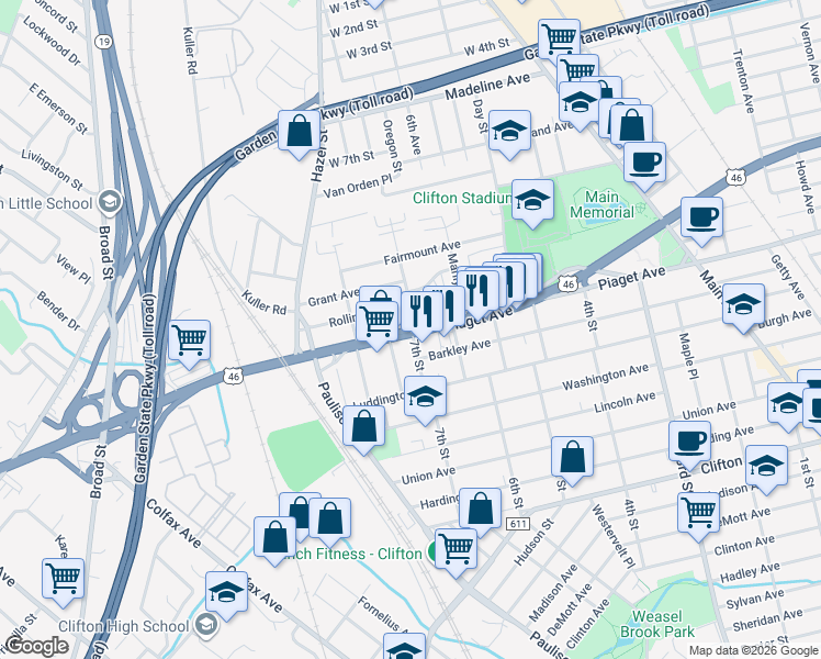 map of restaurants, bars, coffee shops, grocery stores, and more near Piaget Ave & 7th St in Clifton