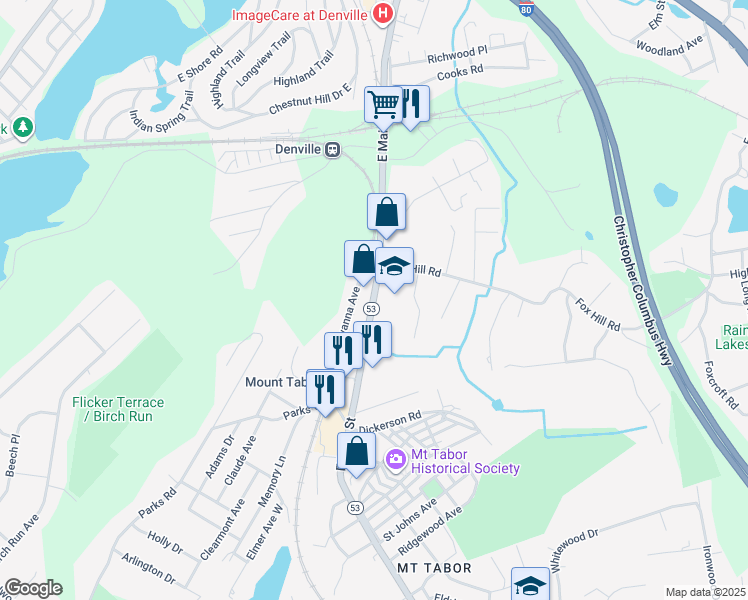 map of restaurants, bars, coffee shops, grocery stores, and more near 400 East Main Street in Denville