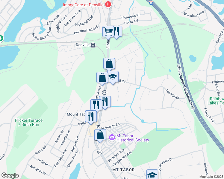 map of restaurants, bars, coffee shops, grocery stores, and more near 400 East Main Street in Denville