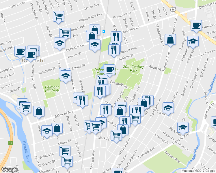 map of restaurants, bars, coffee shops, grocery stores, and more near 440 Midland Avenue in Garfield