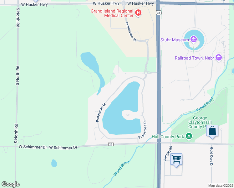 map of restaurants, bars, coffee shops, grocery stores, and more near 39 Ponderosa Drive in Grand Island
