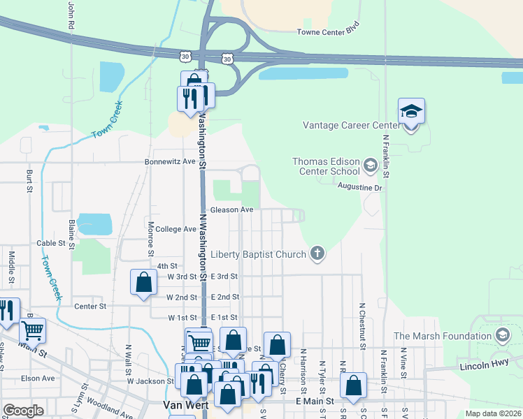 map of restaurants, bars, coffee shops, grocery stores, and more near 680 North Walnut Street in Van Wert