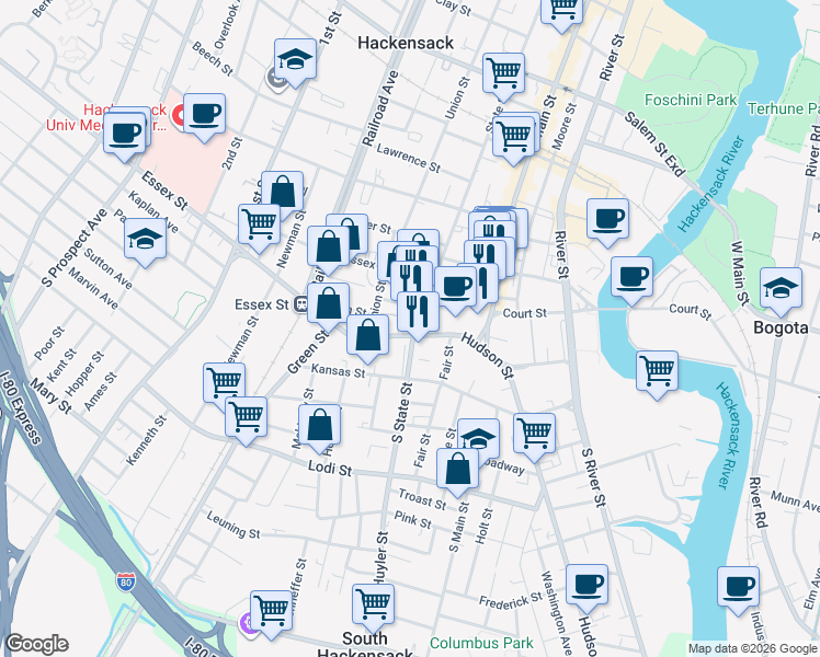 map of restaurants, bars, coffee shops, grocery stores, and more near in Hackensack